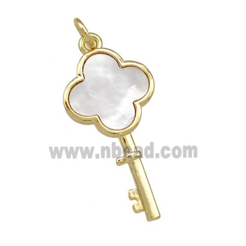 Copper Key Charms Pendant Pave Shell Clover 18K Gold Plated
