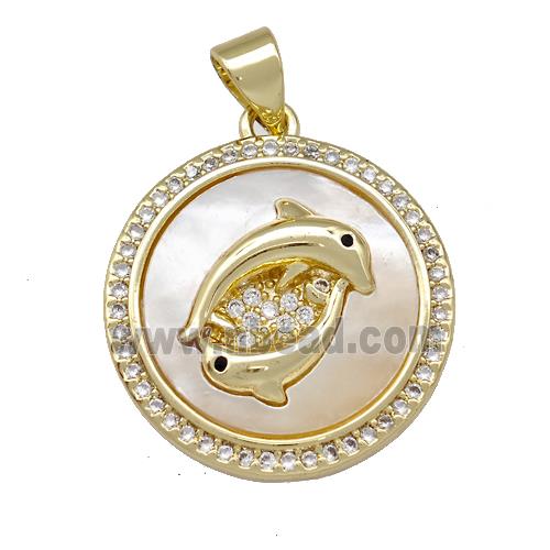Dolphin Charms Copper Circle Pendant Pave Shell Zircoina 18K Gold Plated