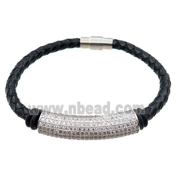 PU leather bracelets with magnetic clasp, copper tube beads pave zircon