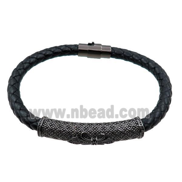 PU leather bracelets with magnetic clasp, black copper tube beads pave zircon