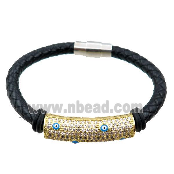 PU leather cord bracelets with magnetic clasp, copper tube beads pave zircon, evil eye