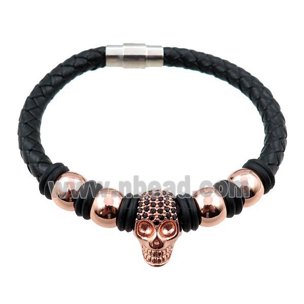 PU leather bracelet with magnetic clasp, skull beads