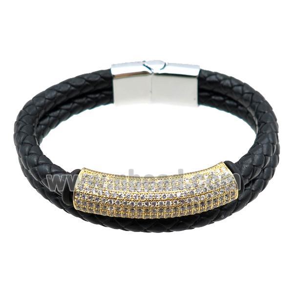 PU leather bracelet with magnetic clasp, copper tube beads pave zircon