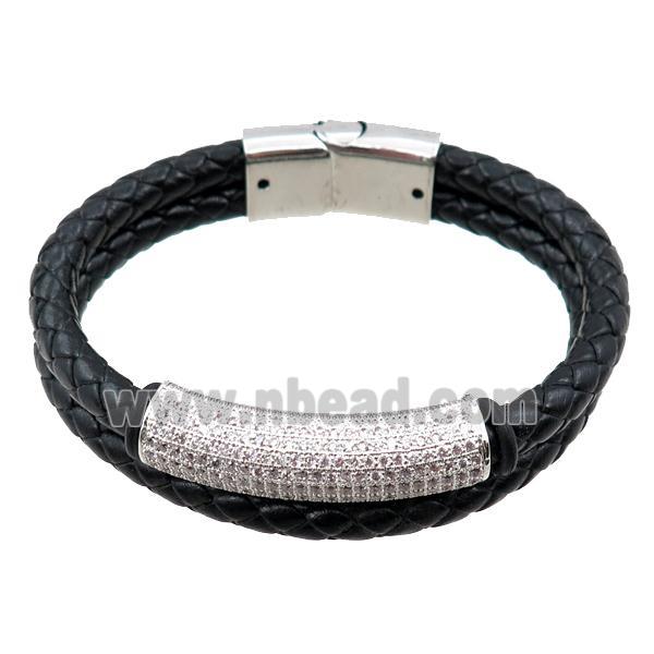 PU leather bracelet with magnetic clasp, copper tube beads pave zircon