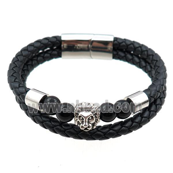 PU leather bracelet with magnetic clasp, stainless steel lion beads