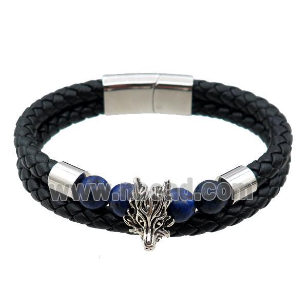 PU leather bracelet with magnetic clasp, stainless steel fox beads