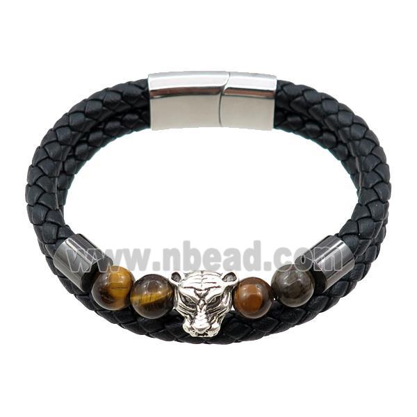 PU leather bracelet with magnetic clasp, stainless steel tiger beads