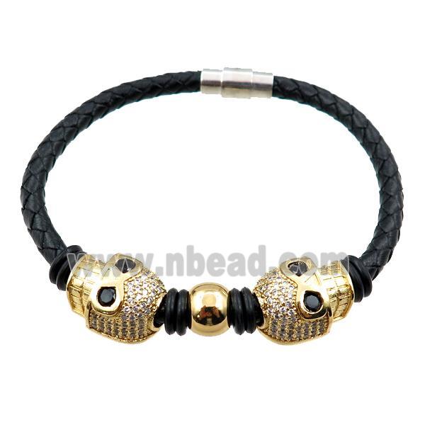 PU leather bracelets with magnetic clasp, skull beads pave zircon