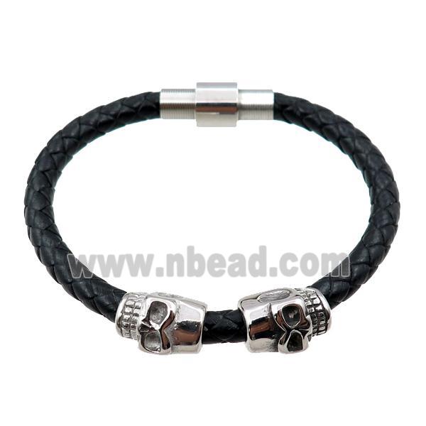 PU leather bracelets with magnetic clasp, stainless steel skull bead