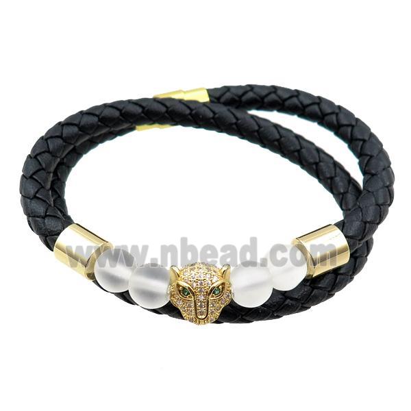 PU leather bracelets with magnetic clasp, foxhead beads pave zircon