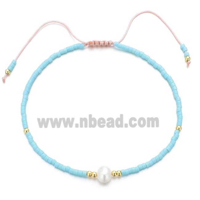 handmade miyuki seed glass Bracelet with Pearl, adjustable, aqua