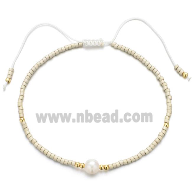 handmade miyuki glass Bracelet with Pearl, adjustable, beige