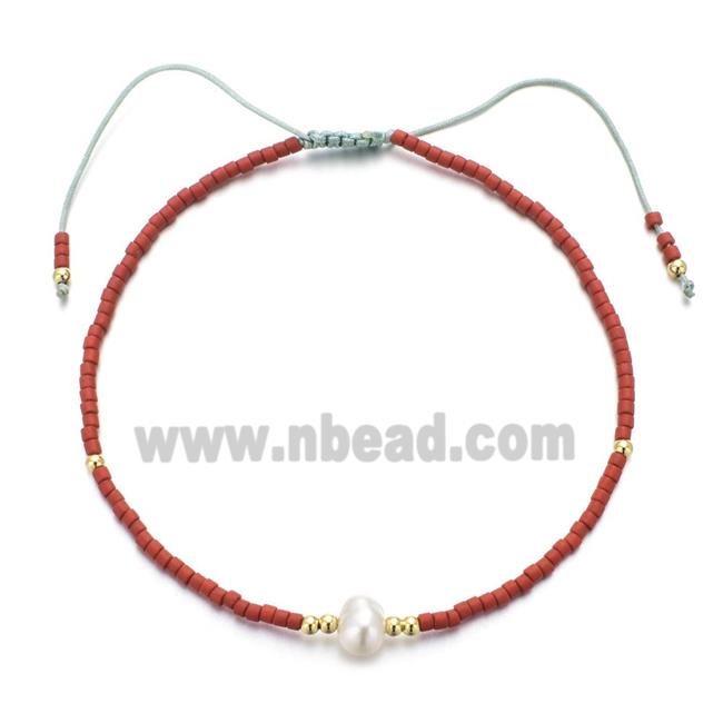 handmade miyuki glass Bracelet with Pearl, adjustable, red