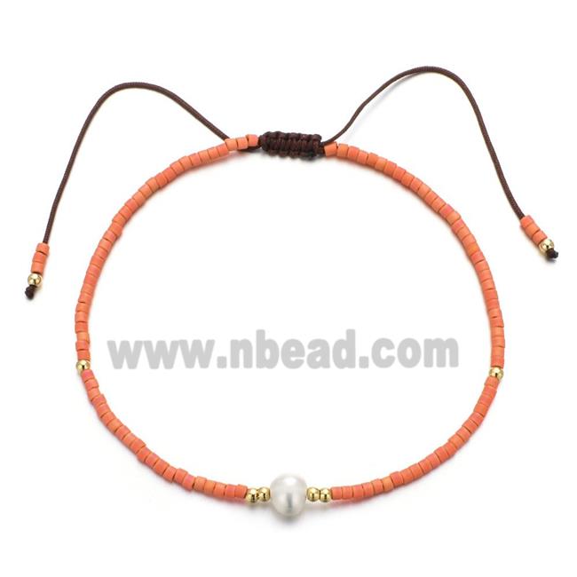 handmade miyuki glass Bracelet with Pearl, adjustable, orange
