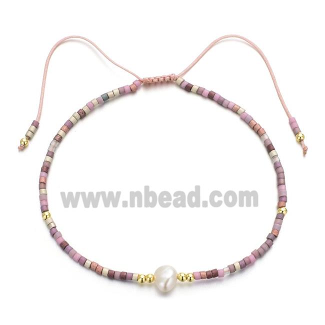 handmade miyuki glass Bracelet with Pearl, adjustable, pink