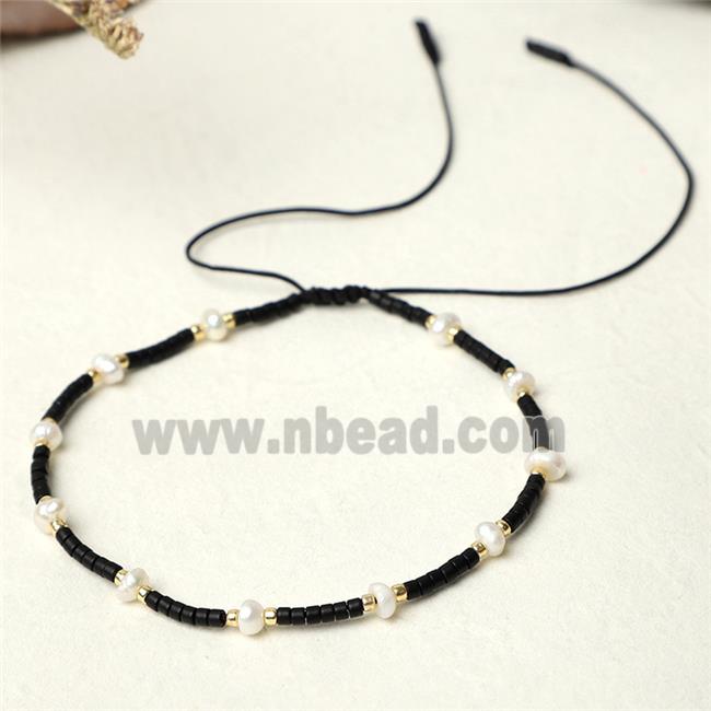 handmade miyuki seed glass Bracelet with Pearl, adjustable, black