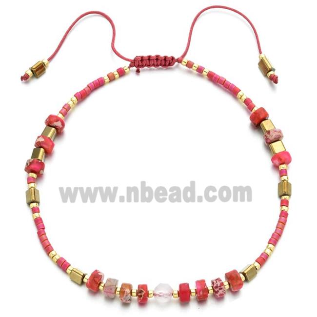 handmade miyuki glass Bracelet with Imperial Jasper, adjustable, pink