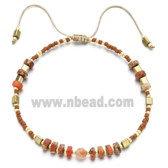handmade miyuki seed glass Bracelet with Imperial Jasper, adjustable, orange