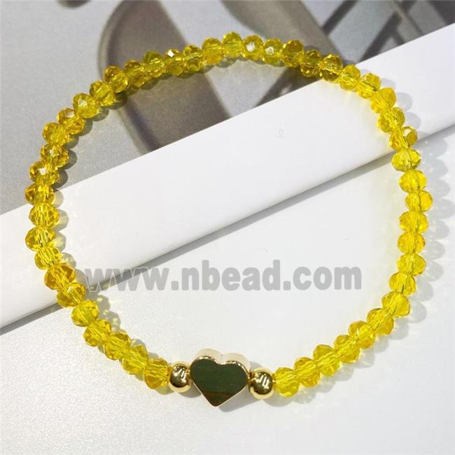 yellow Chinese Crystal Glass Bracelet with gold heart, stretchy