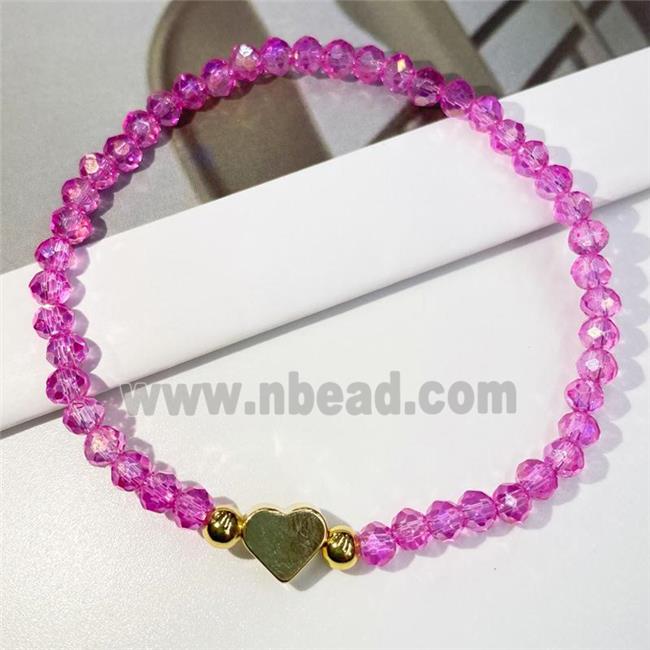 Chinese Crystal Glass Bracelet with gold heart, stretchy, hotpink