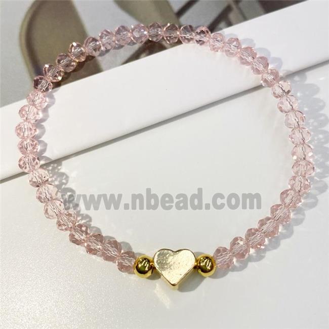 Chinese Crystal Glass Bracelet with gold heart, stretchy, lt.pink