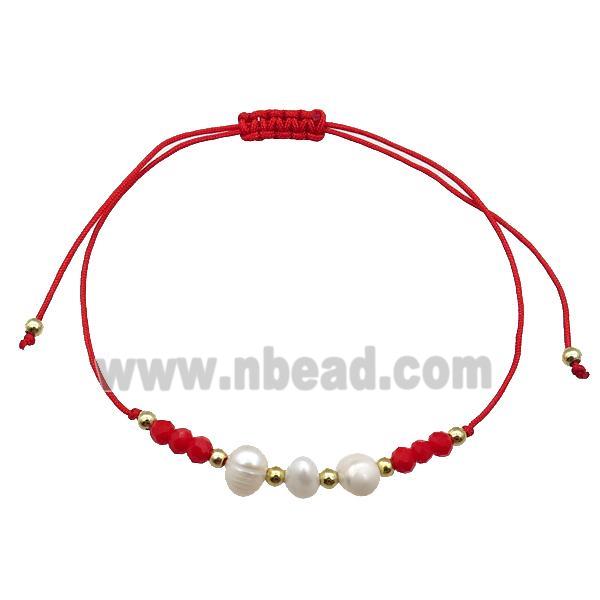 Pearl Bracelet With Crystal Glass Adjustable Red
