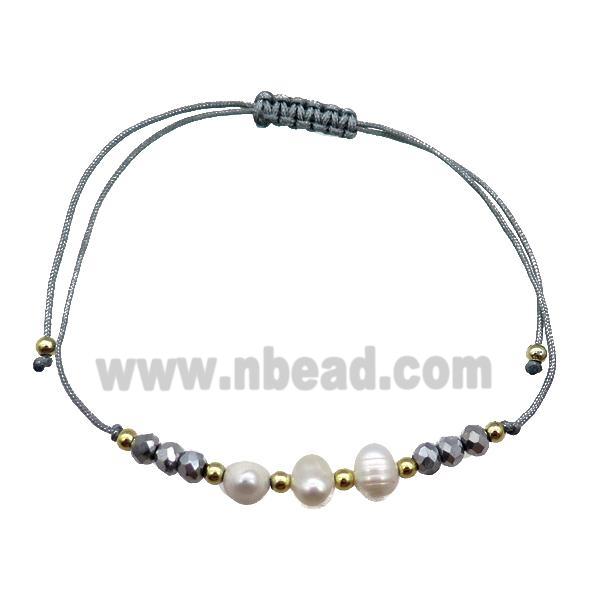 Pearl Bracelet With Crystal Glass Adjustable Gray