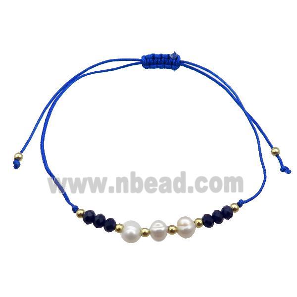 Pearl Bracelet With Crystal Glass Adjustable RoyalBlue