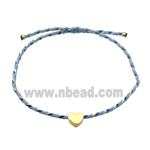 Blue Waxed Fabric Bracelet Heart Adjustable