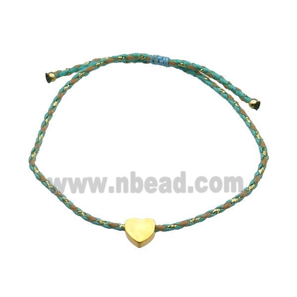 Green Waxed Fabric Bracelet Heart Adjustable