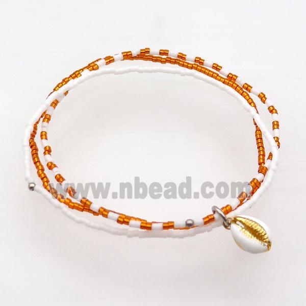 Seed Glass Bracelet 3 Strands Conch Shell Stretchy