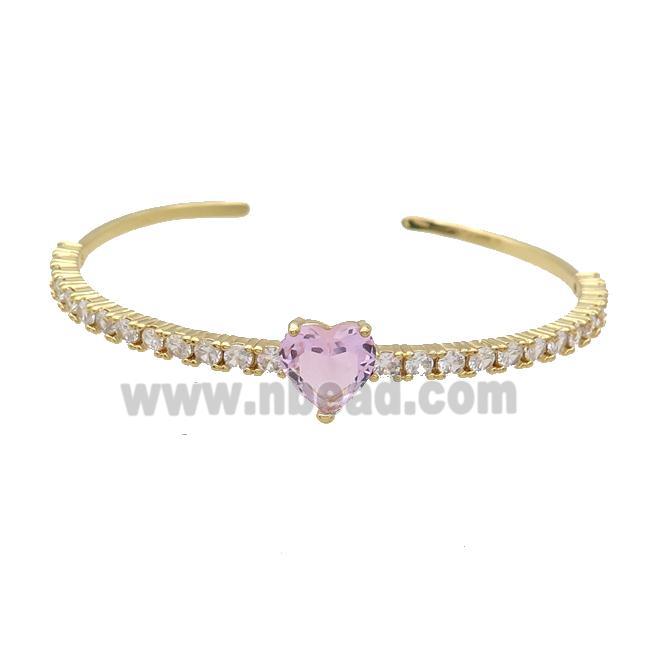 Copper Bangle Pave Zircon Pink Crystal Glass Heart Gold Plated