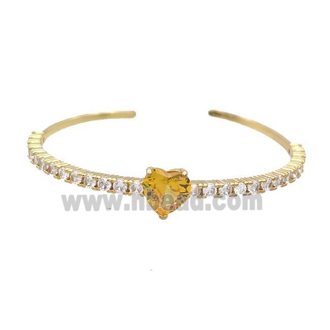 Copper Bangle Pave Zircon Yellow Crystal Glass Heart Gold Plated