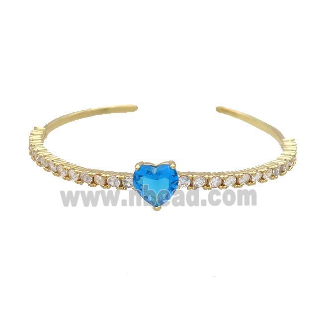 Copper Bangle Pave Zircon Blue Crystal Glass Heart Gold Plated