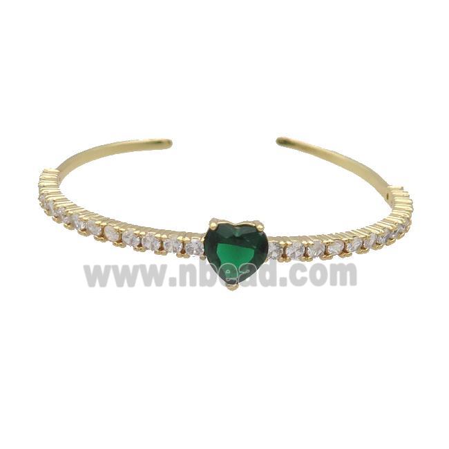 Copper Bangle Pave Zircon Green Crystal Glass Heart Gold Plated