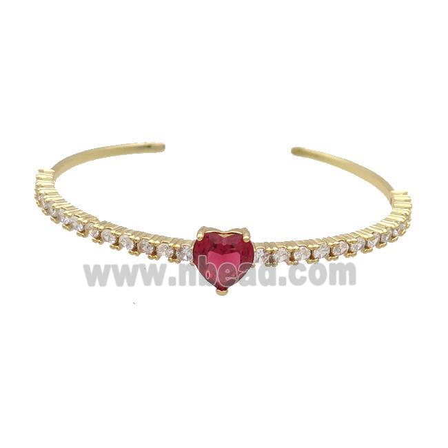 Copper Bangle Pave Zircon Red Crystal Glass Heart Gold Plated