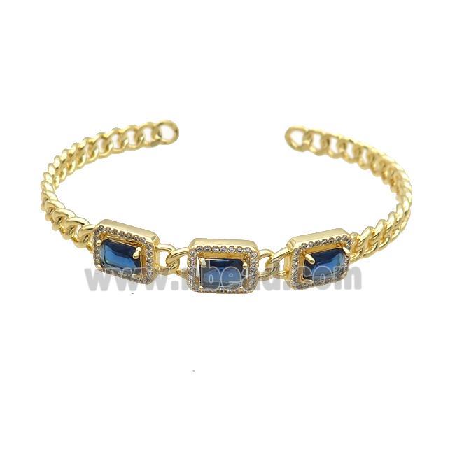 Copper Bangle Pave Zircon Blue Crystal Glass Rectangle Gold Plated
