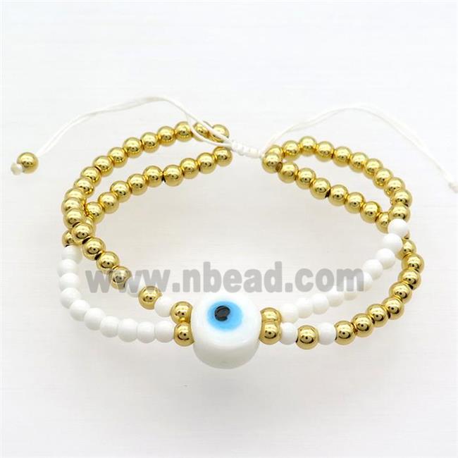 Copper Bracelet With White Seed Glass Evil Eye Adjustable Gold Plated