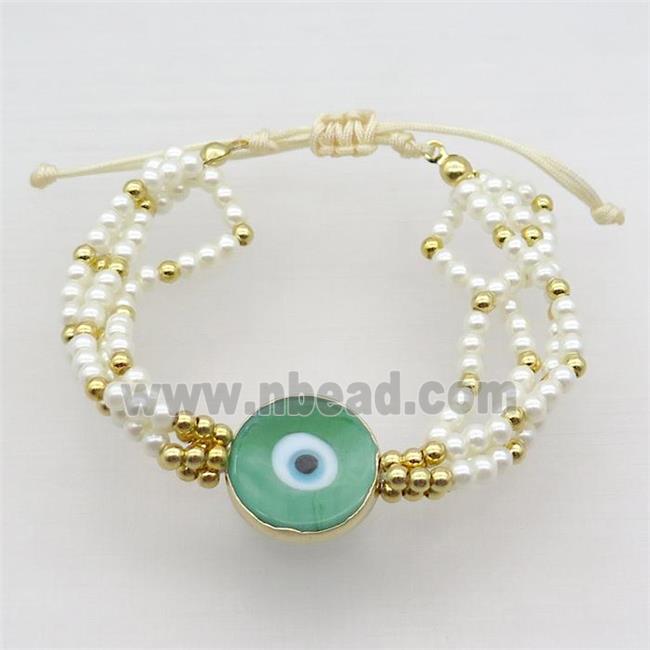 White Pearlized Glass Bracelet Green Evil Eye Adjustable