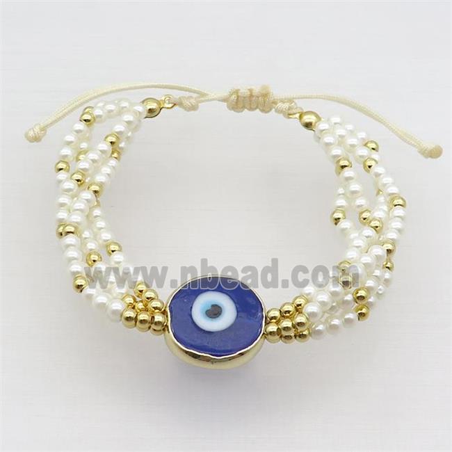 White Pearlized Glass Bracelet Blue Evil Eye Adjustable