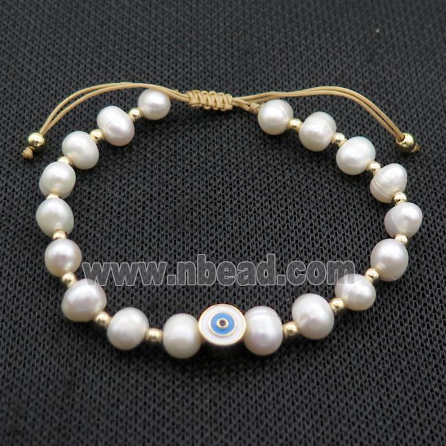 White Pearl Bracelet Evil Eye Adjustable
