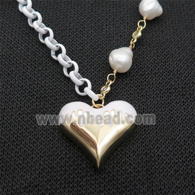 Copper Necklace White Lacquered Heart Pearl Gold Plated