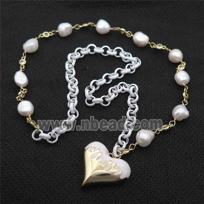 Copper Necklace White Lacquered Heart Pearl Gold Plated