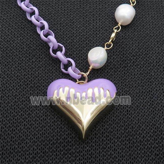 Copper Necklace Lavender Lacquered Heart Pearl Gold Plated