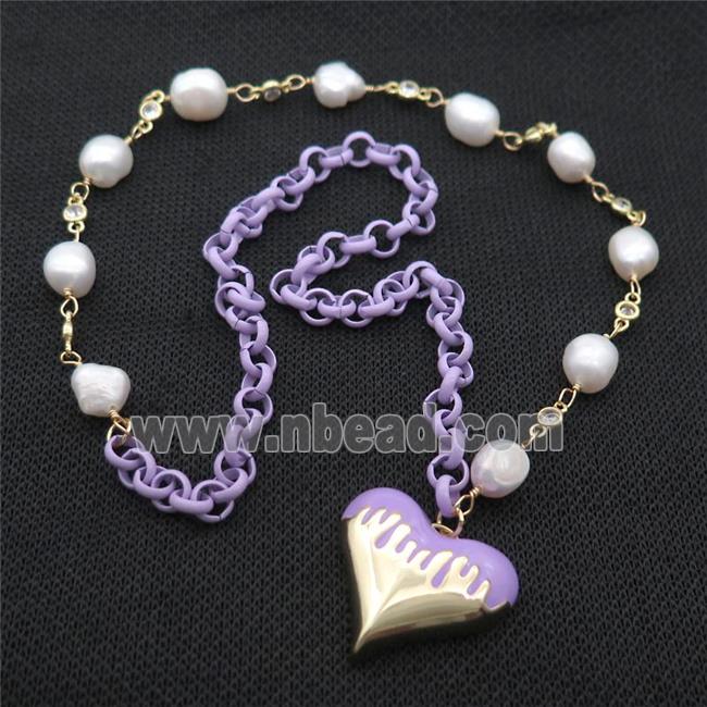 Copper Necklace Lavender Lacquered Heart Pearl Gold Plated