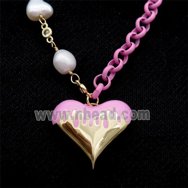 Copper Necklace Pink Lacquered Heart Pearl Gold Plated