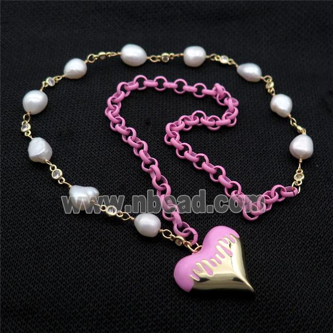 Copper Necklace Pink Lacquered Heart Pearl Gold Plated