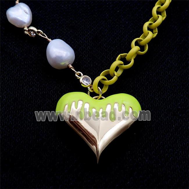 Copper Necklace Olive Lacquered Heart Pearl Gold Plated