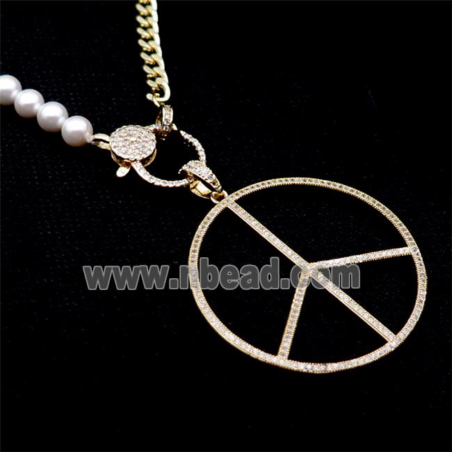 Copper Necklace Peace Sign Pave Zircon Pearlized Glass Gold Plated