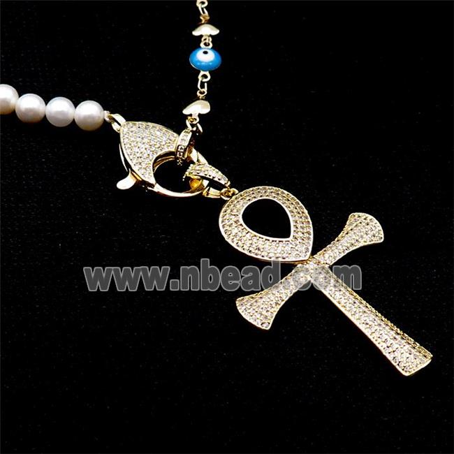Copper Necklace Cross Pave Zircon Pearlized Glass Gold Plated
